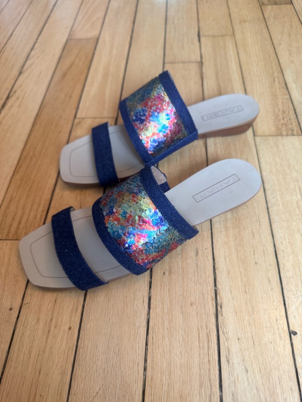 Tahari FERN slide sandals multicolor rainbow sequins, blue denim straps. - Picture 3 of 6